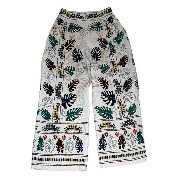 Zara Pants - Intricate!ZARA White Cotton/Linen Palm Leaf Embroidered Cropped Pants Si…